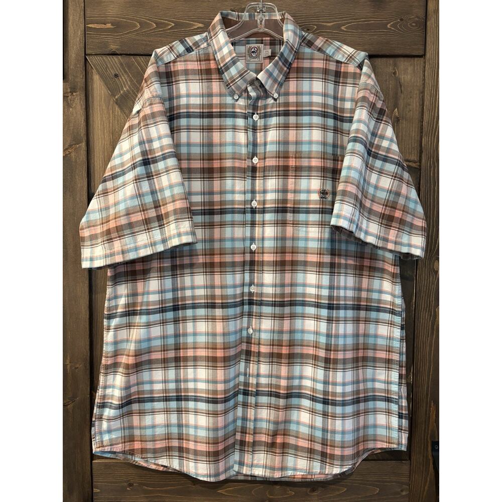 Cinch Western Shirt Men Size XXL Pink Brown Plaid Short Sleeve Button Cotton